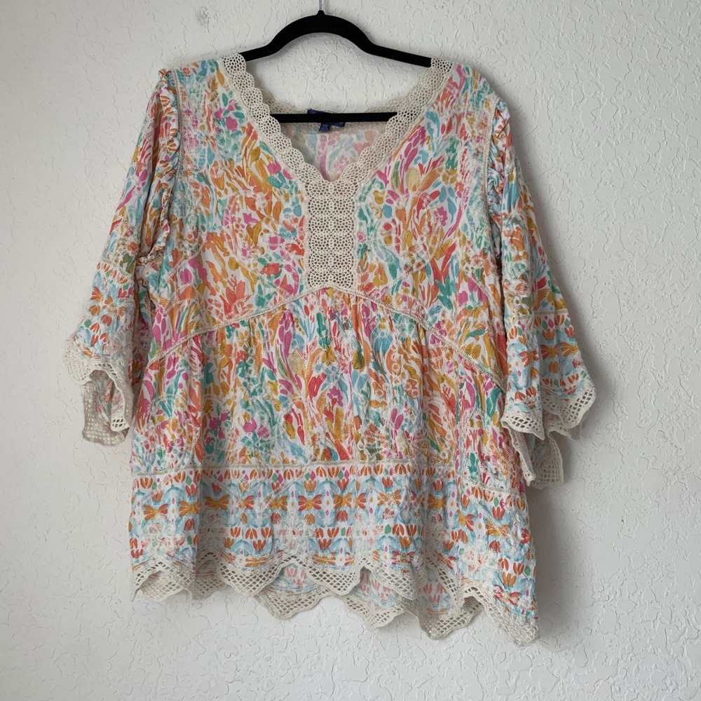 Democracy Top Women 1X Colorful Floral Crochet Lace Peasant Boho Resort Western